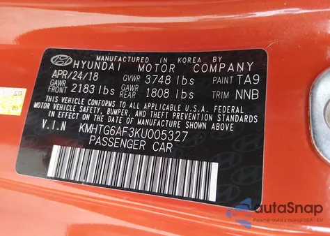 2019 Hyundai Veloster 2.0 Premium z USA, uszkodzony, nr VIN KMHTG6AF3KU005327